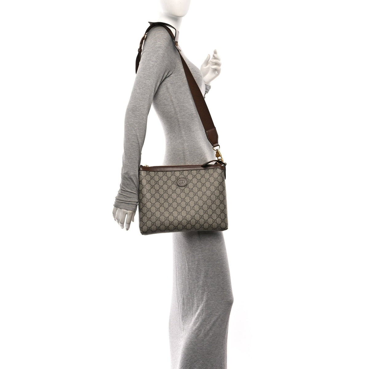 GG Supreme Monogram Azalea Calfskin Retro Interlocking G Wristlet Messenger Bag Beige Ebony Brown Sugar