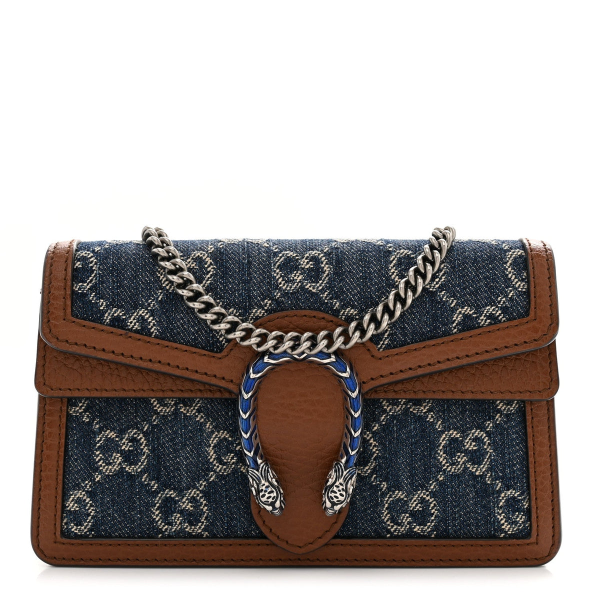 New Denim GG Monogram Dollar Calfskin Enamel Super Mini Dionysus Shoulder Bag Blue Tea Cuir Epilog Electric Blue