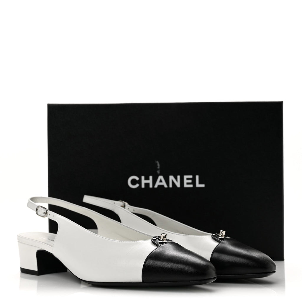 Goatskin Grosgrain Cap Toe CC Slingback Pumps 40 Black White