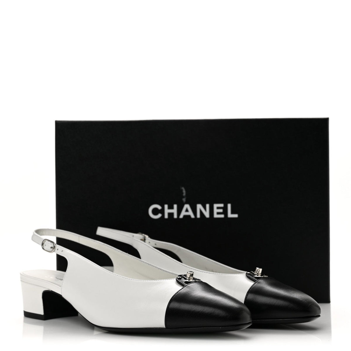 Goatskin Grosgrain Cap Toe CC Slingback Pumps 40 Black White