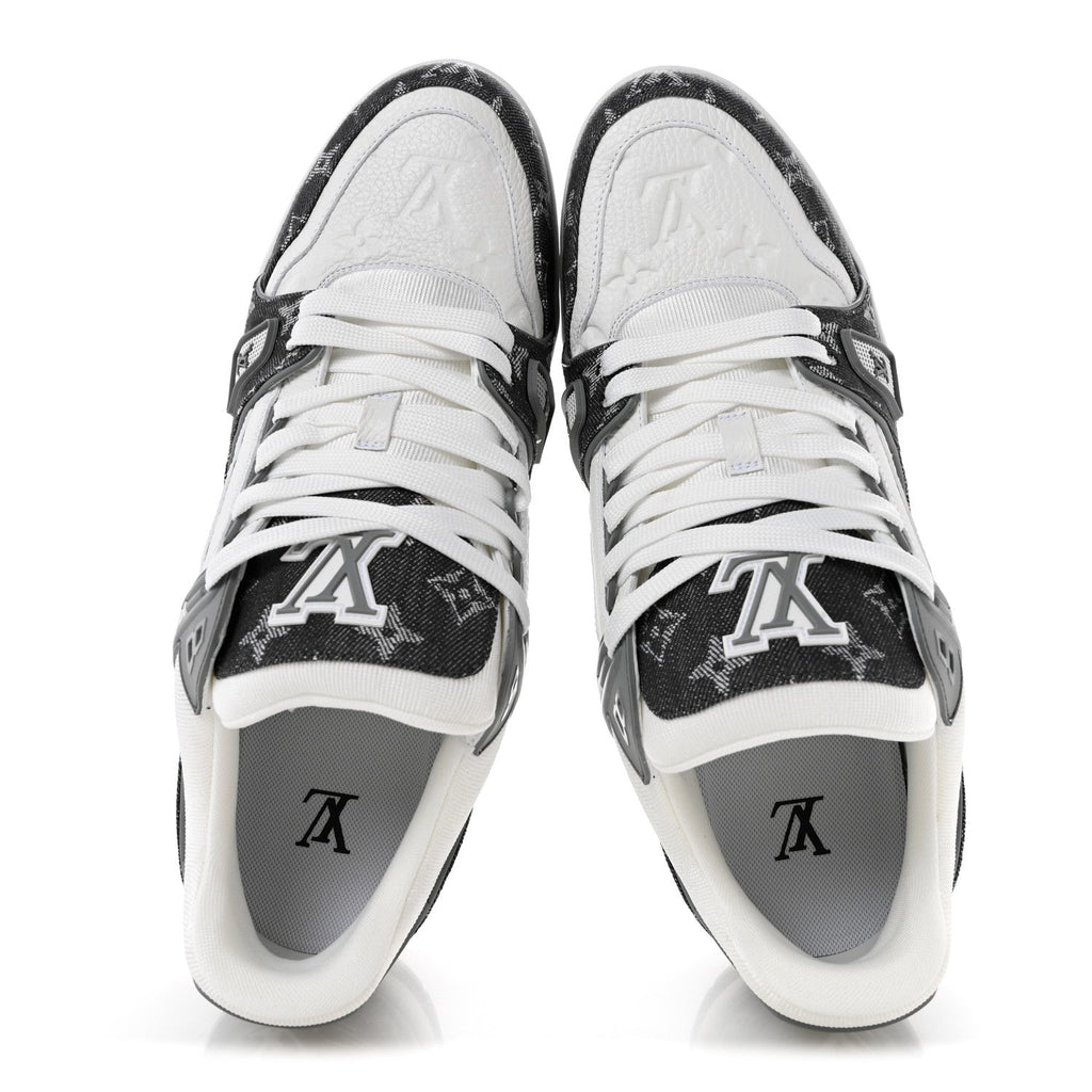 Calfskin Embossed Monogram Denim Mens LV Trainer Sneakers 10 Grey