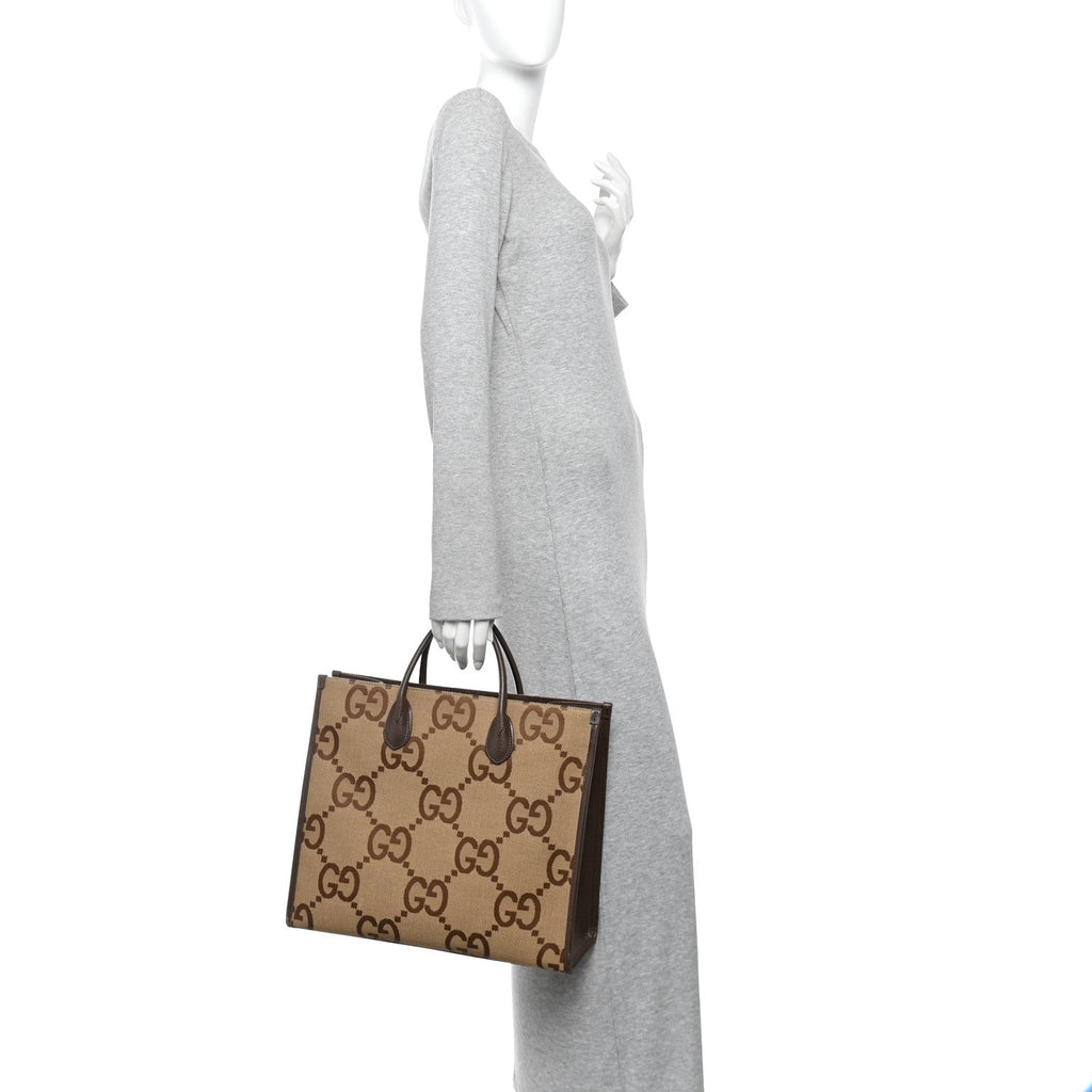 Monogram Jumbo GG Textured Dollar Calfskin Web Tote Bag Camel Ebony New Acero