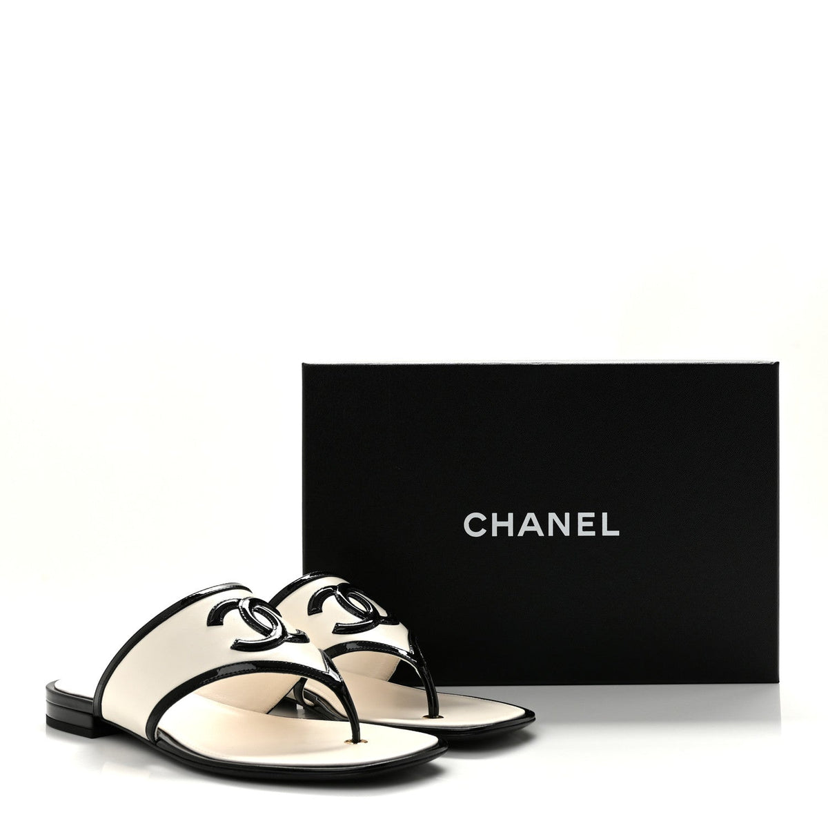 Lambskin Patent Calfskin CC Thong Sandals 39 White Black