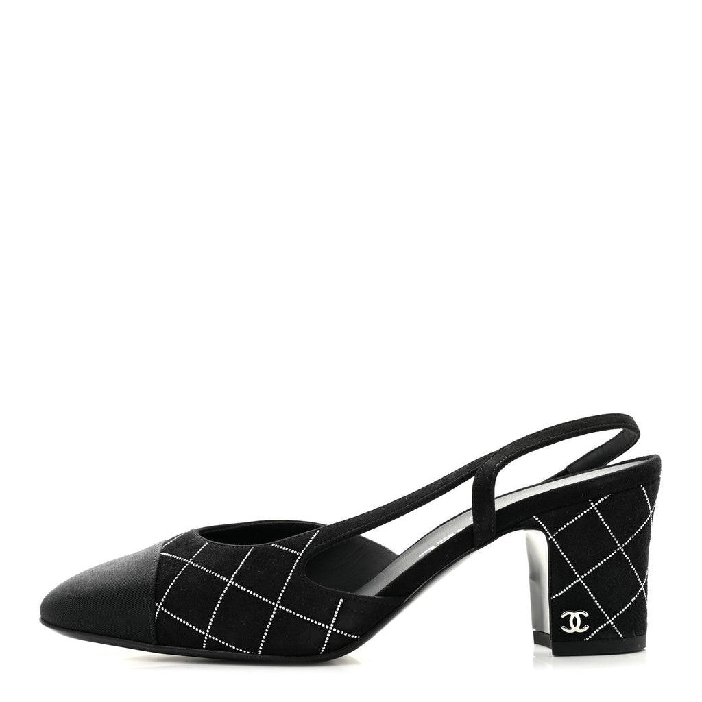 Suede Crystal Grosgrain Cap Toe CC Slingback Pumps 38 Black Silver