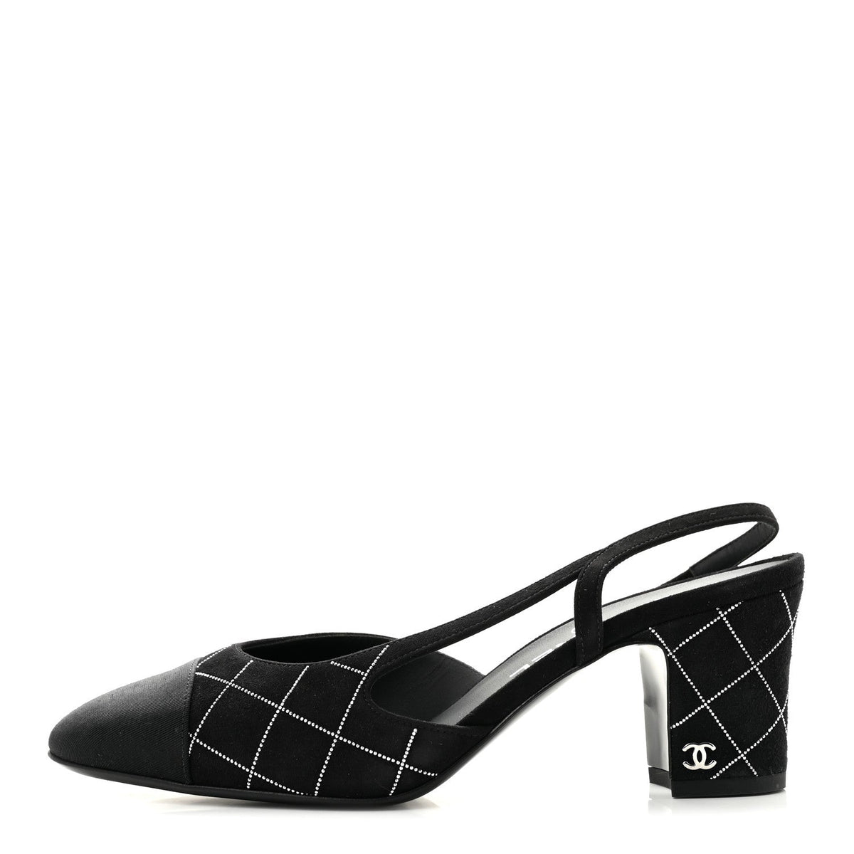 Suede Crystal Grosgrain Cap Toe CC Slingback Pumps 38 Black Silver