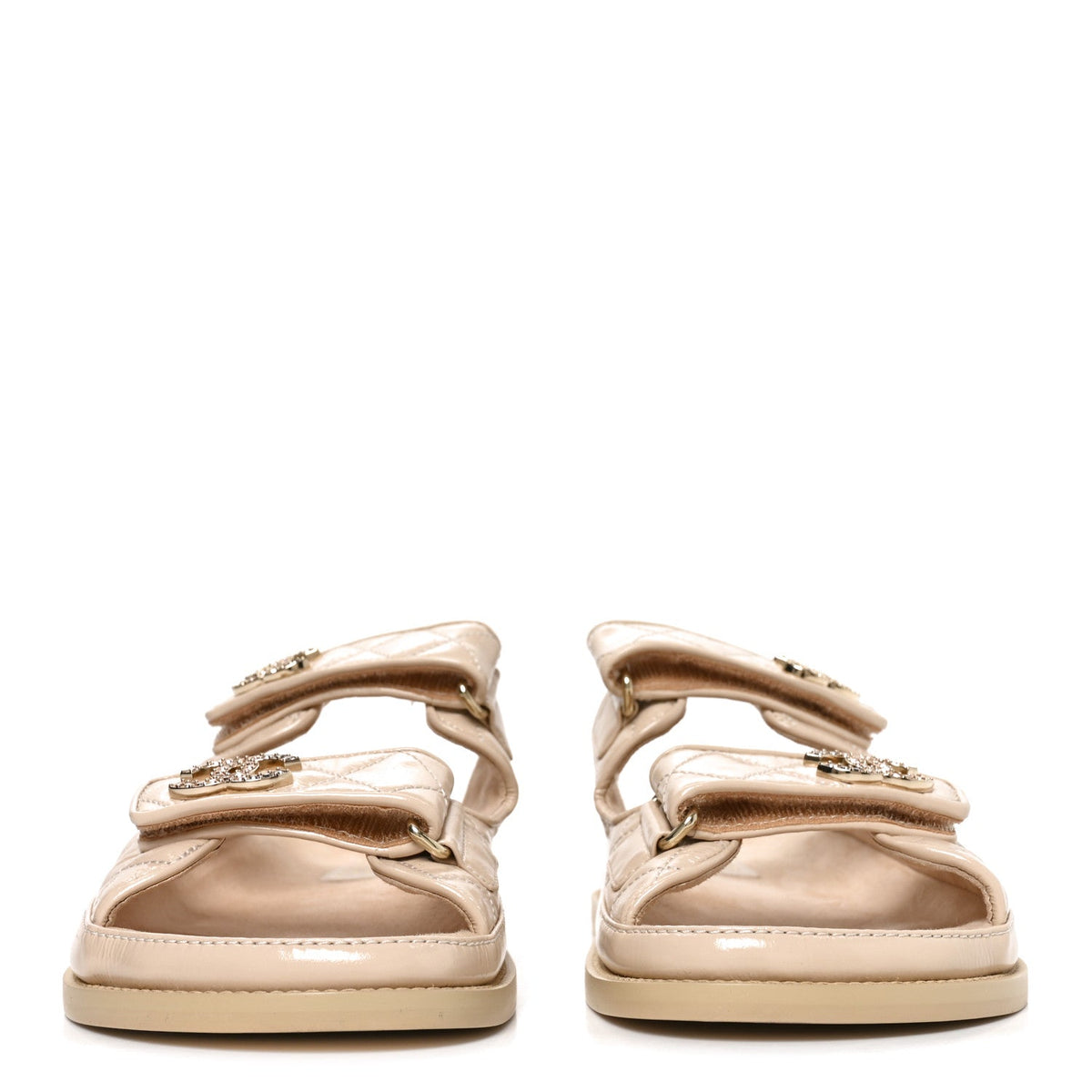 Shiny Calfskin Crystal Quilted Velcro Dad CC Slide Sandals 38.5 Light Beige