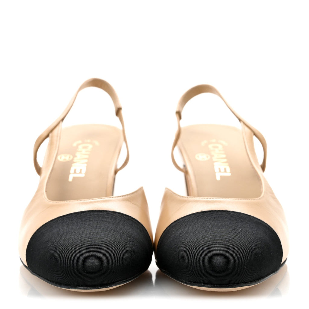 Goatskin Grosgrain Cap Toe CC Slingback Pumps 41 Beige Black