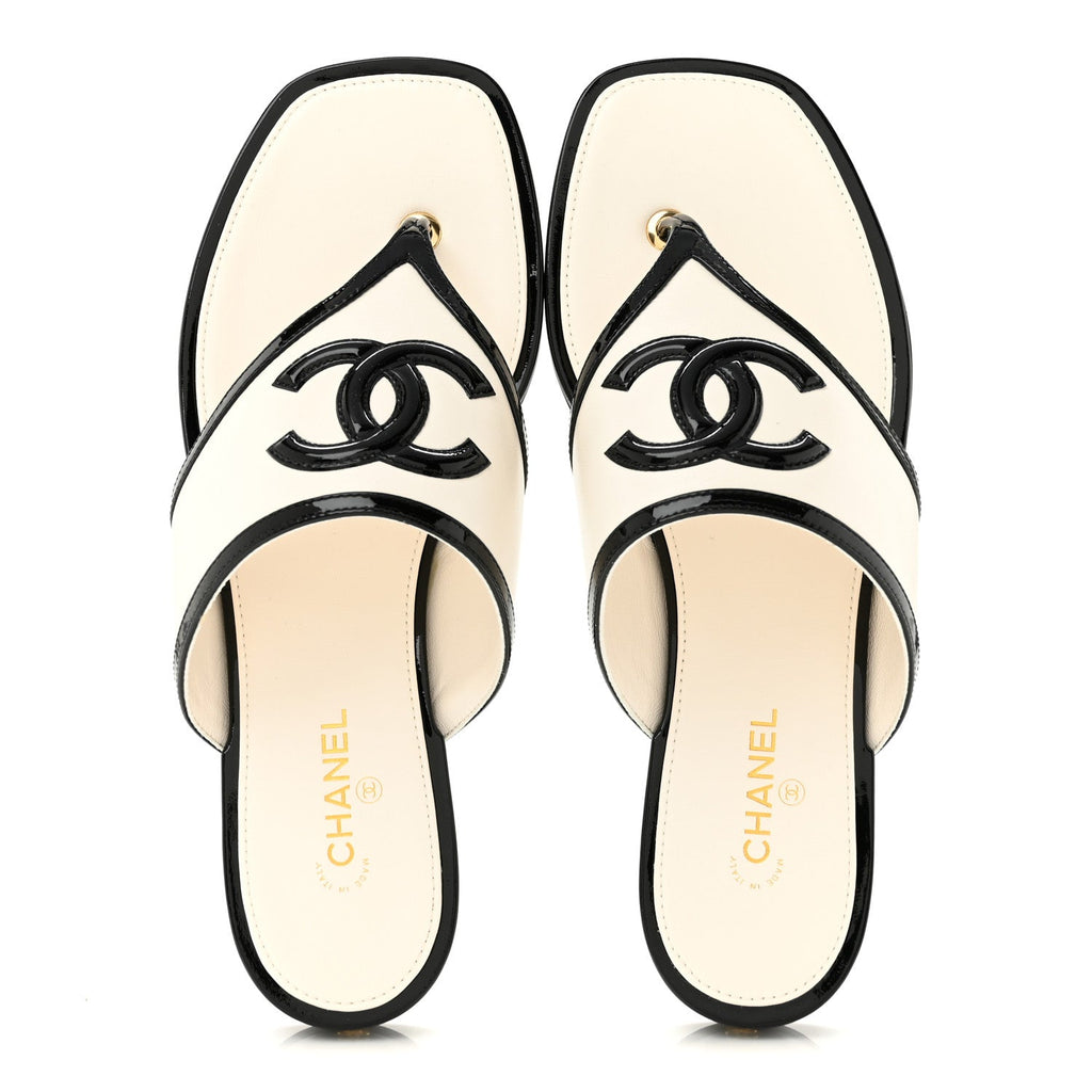 Lambskin Patent Calfskin CC Thong Sandals 39 White Black