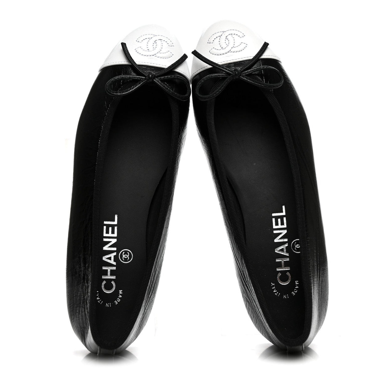 Crumpled Shiny Lambskin Cap Toe CC Ballerina Flats 36.5 Black White