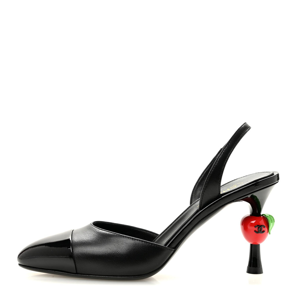 Lambskin Patent Cap Toe CC Apple Slingback Pumps 37 Black