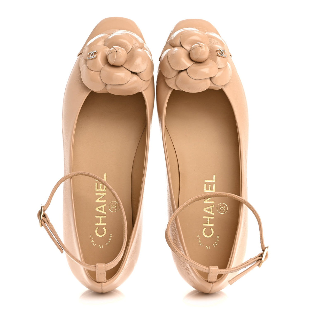 Shiny Calfskin Camellia Ankle Strap Ballerina Flats 36 Beige