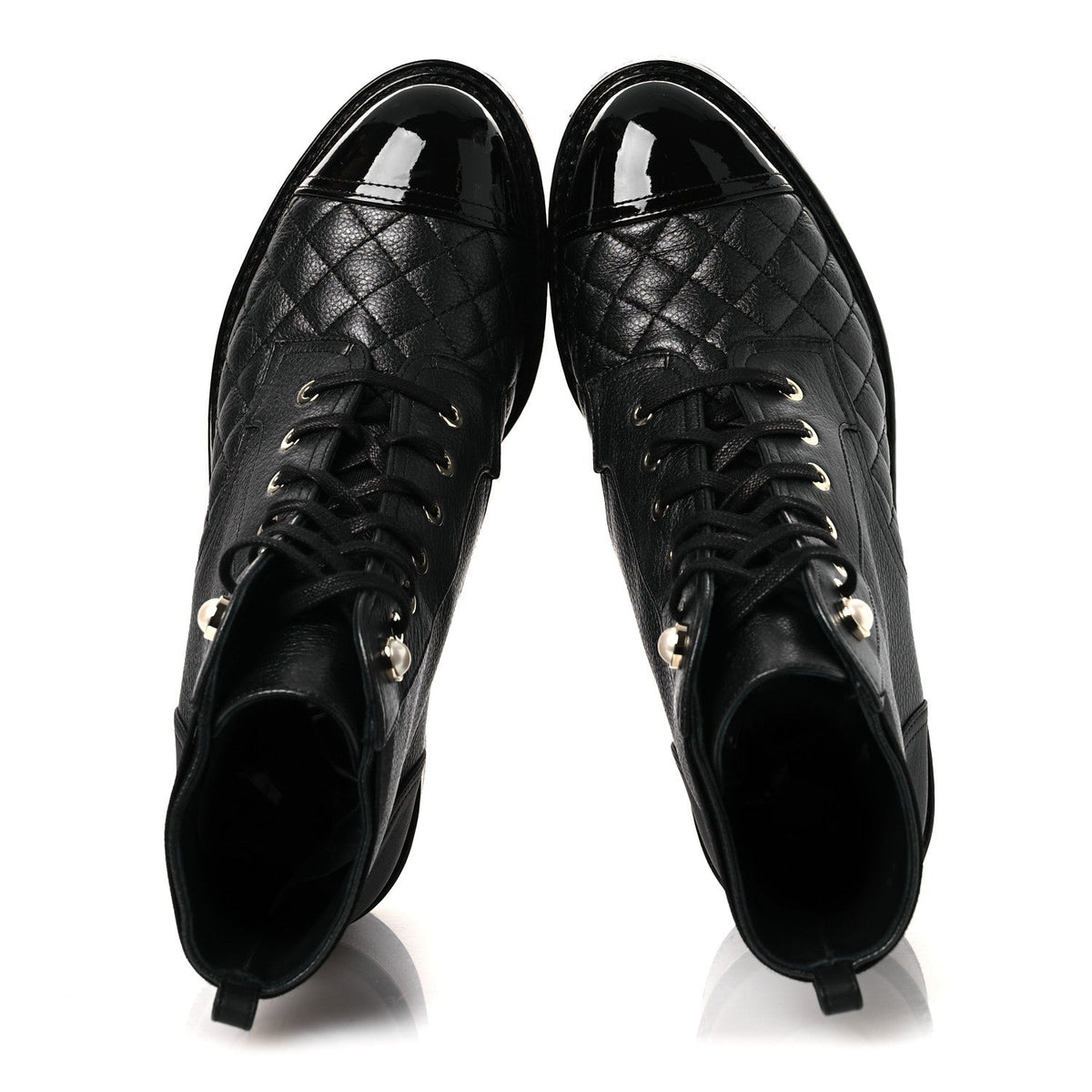Pearly Calfskin Patent Calfskin Lace Up Combat Boots 38 Black