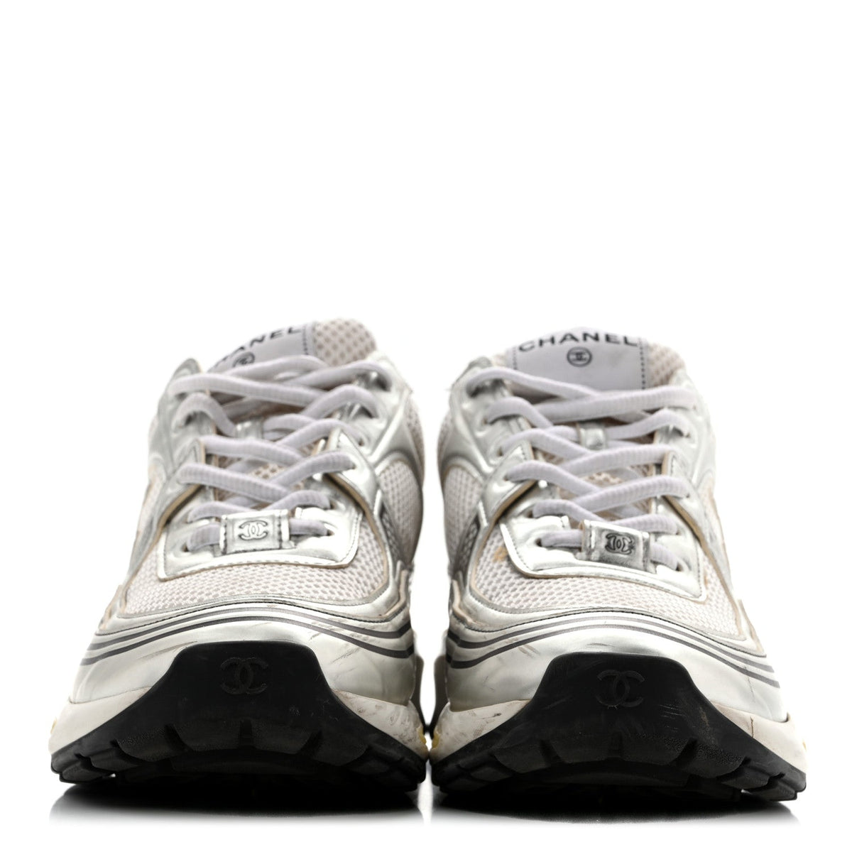 Fabric Laminated Calfskin Stretch CC Womens Sneakers 39.5 White Silver