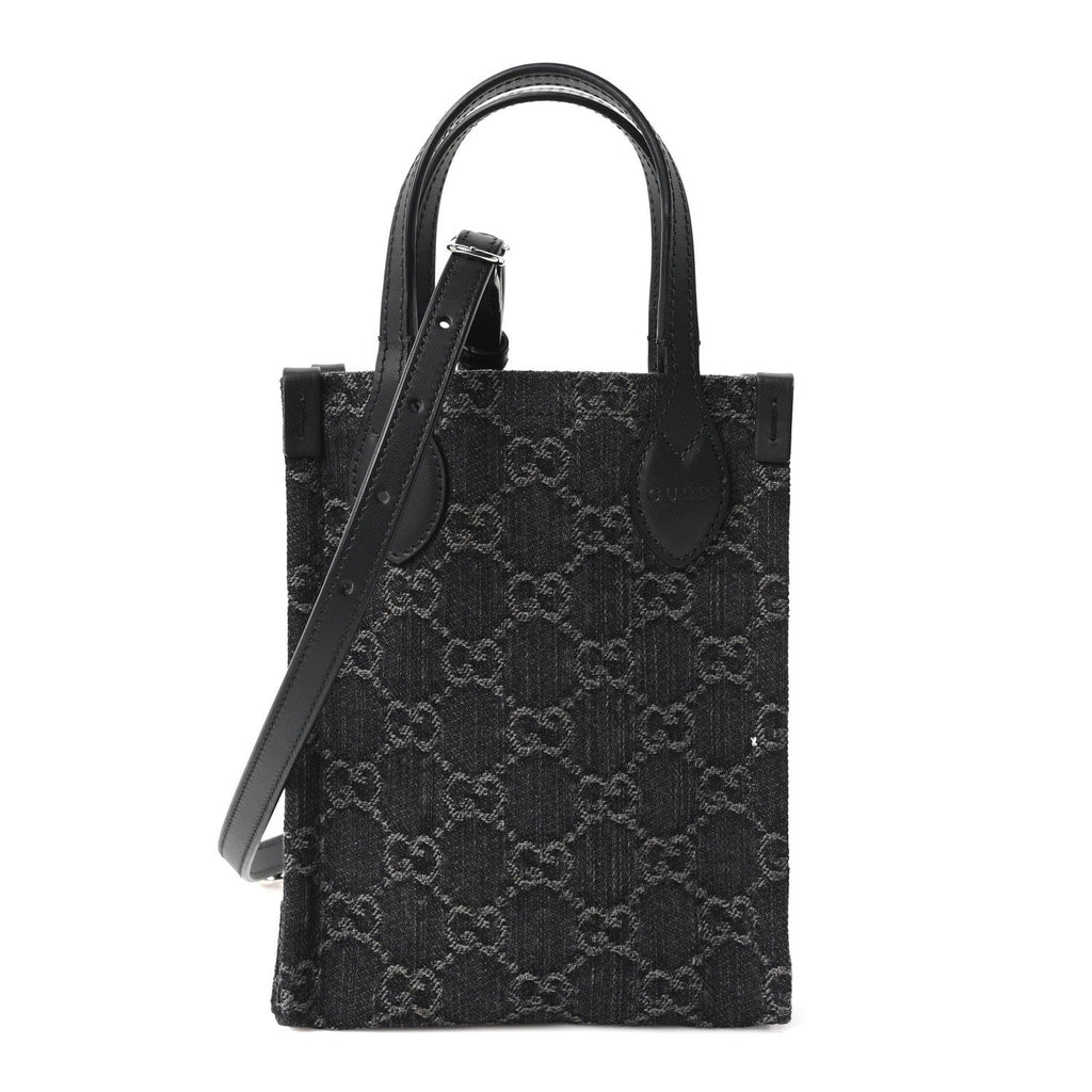 Denim Cuoio Harness GG Monogram Mini Ophidia Tote Bag Black Medium Grey