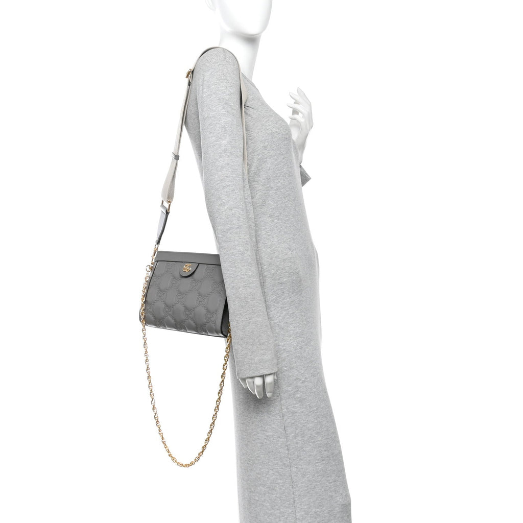 Calfskin GG Matelasse Small Slim Chain Shoulder Bag Dusty Grey Natural