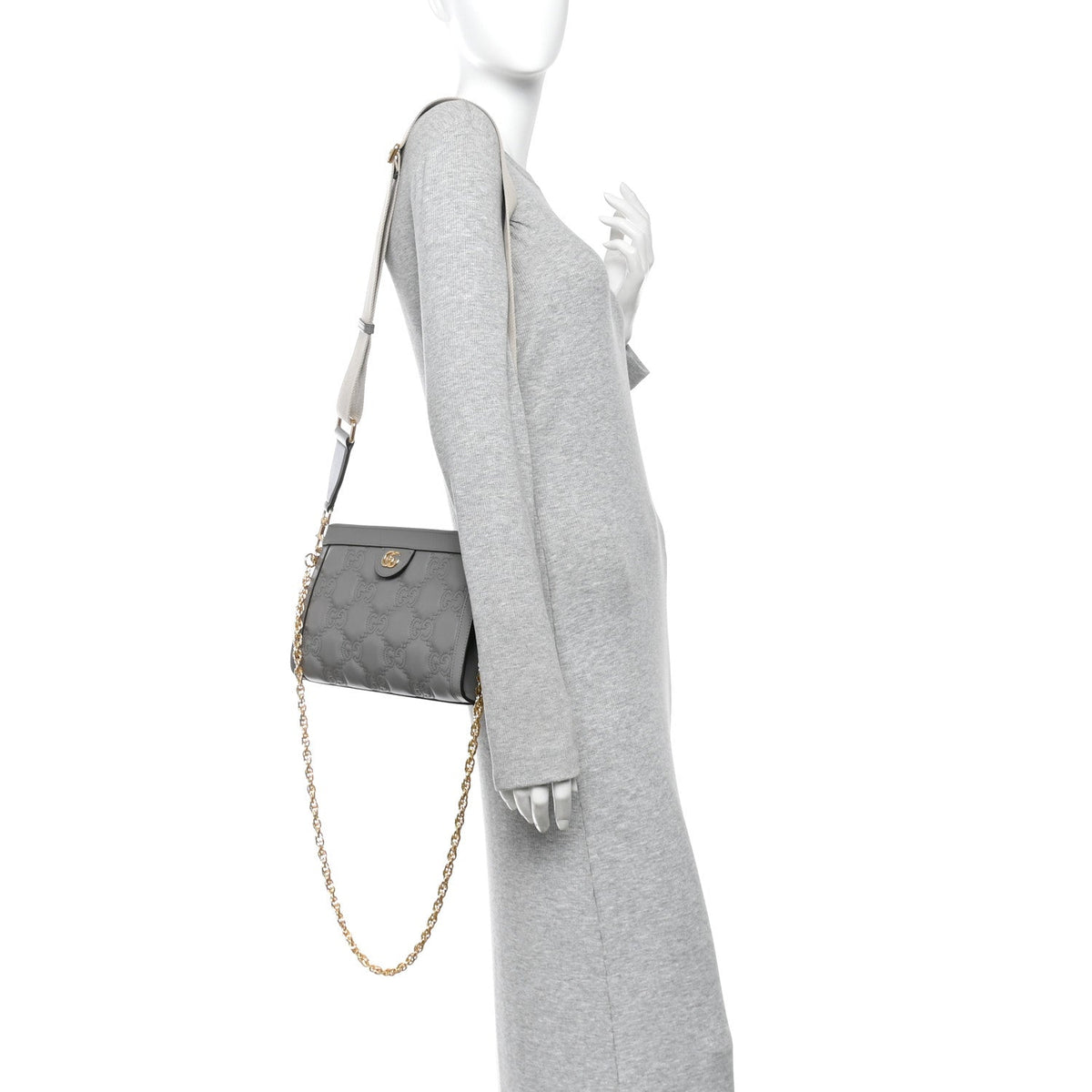 Calfskin GG Matelasse Small Slim Chain Shoulder Bag Dusty Grey Natural