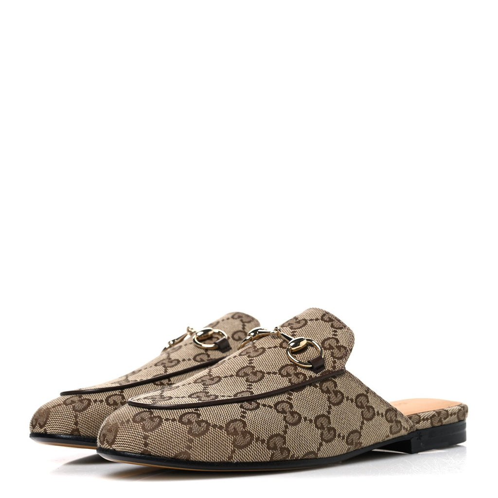 Canvas GG Monogram Horsebit Womens Princetown Slippers 35 Beige Ebony New Acero