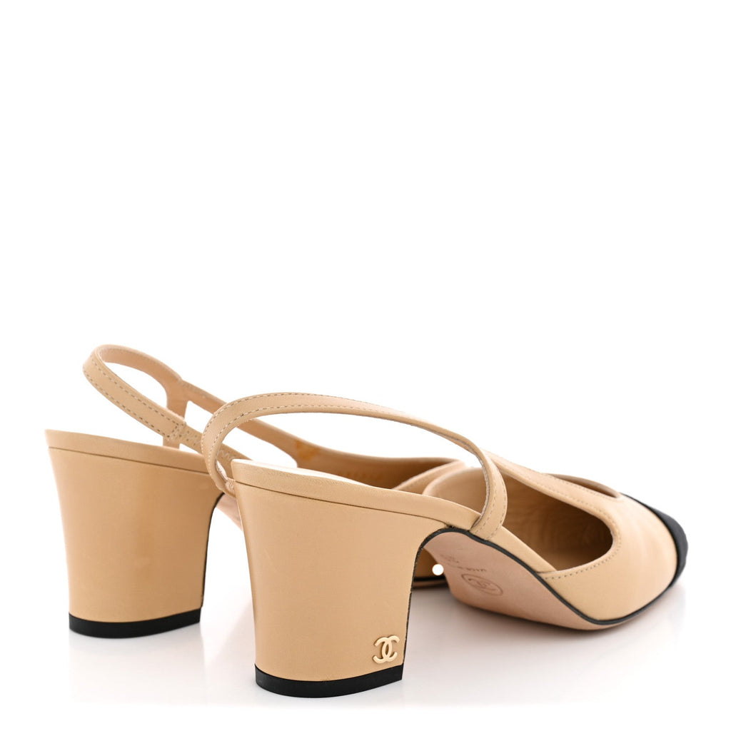 Goatskin Grosgrain Cap Toe CC Slingback Pumps 38 Beige Black