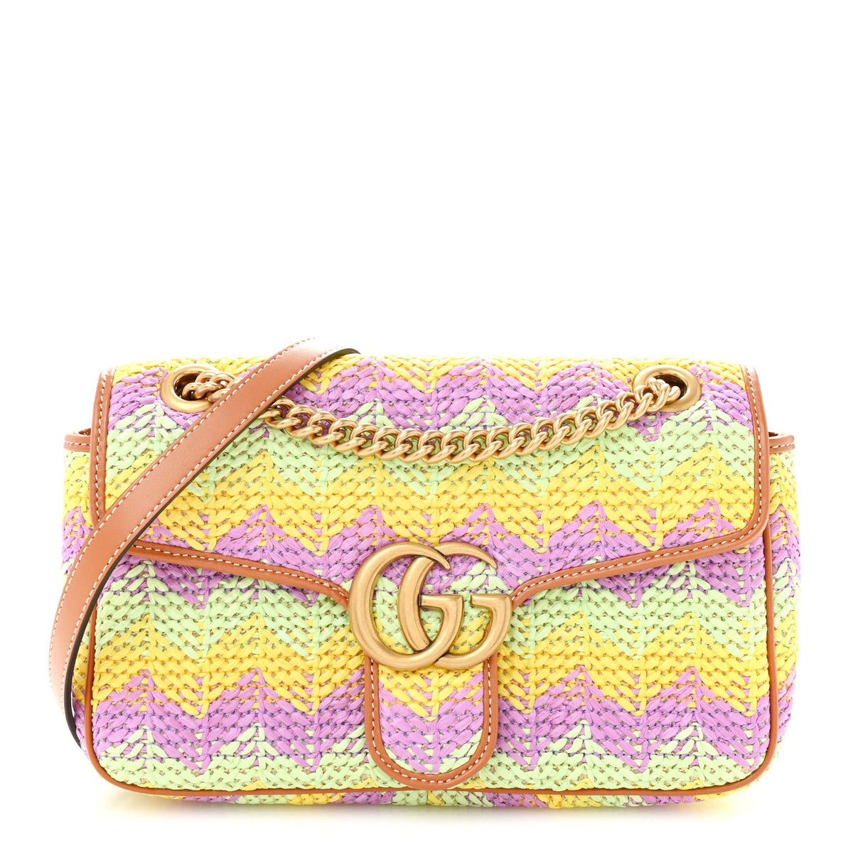 Calfskin Raffia Woven Small GG Marmont Shoulder Bag Multicolor