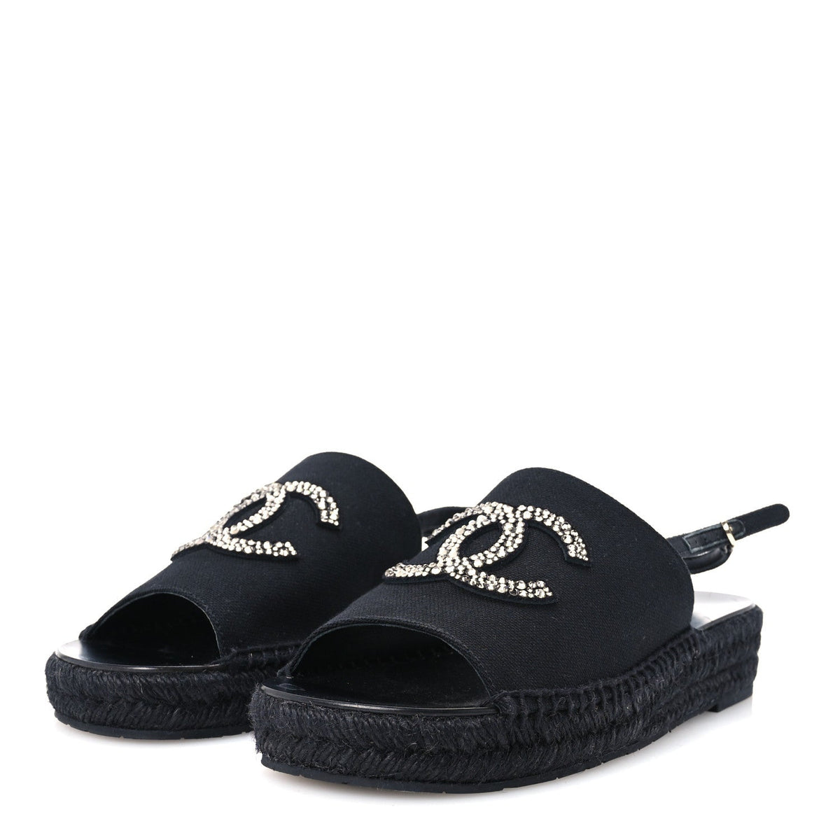 Canvas Strass CC Espadrille Slingback Sandals 38 Black