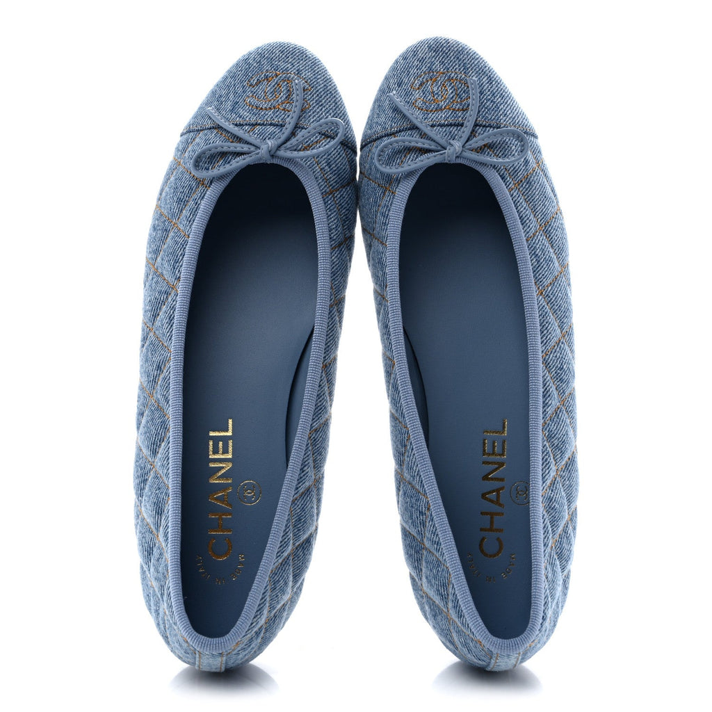 Denim Quilted CC Cap Toe Ballerina Flats 38.5 Light Blue