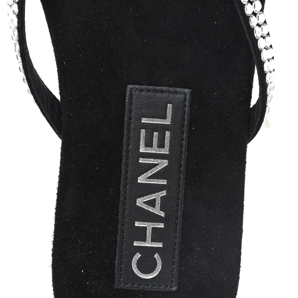 Suede Kidskin Strass CC Thong Sandals 36 Black