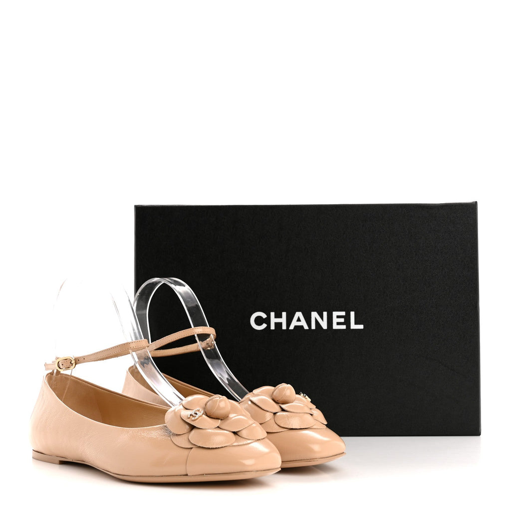 Shiny Calfskin Camellia Ankle Strap Ballerina Flats 36 Beige