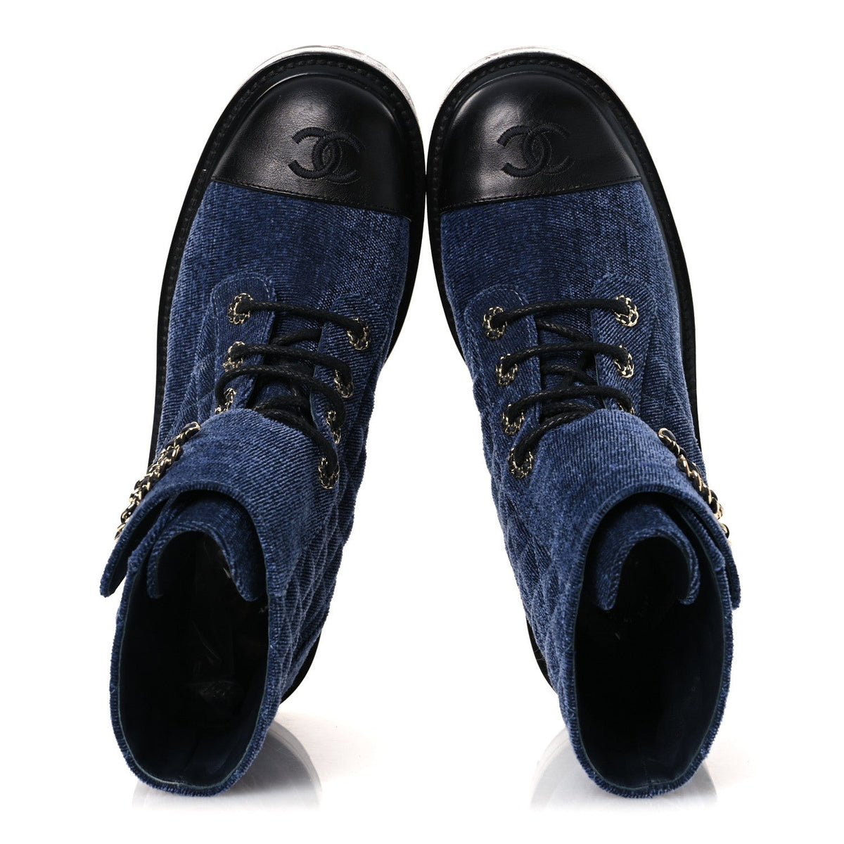 Shiny Calfskin Velvet Quilted Lace Up Combat Boots 39.5 Blue Black