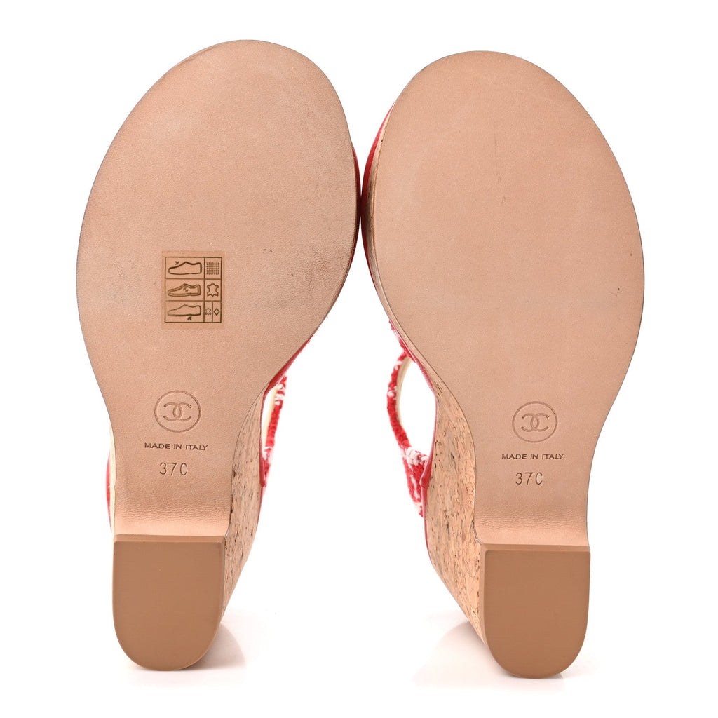 Cotton Tweed Cork CC Wedge Sandals 37 Red White