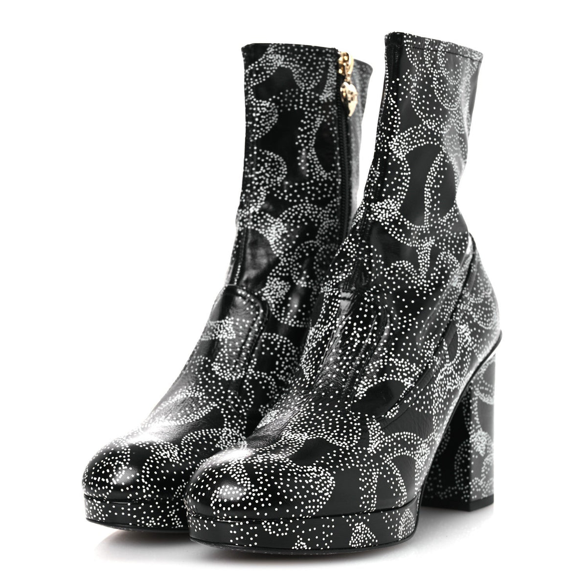 Calfskin Camellia Printed Ankle Boots 38.5 Black White