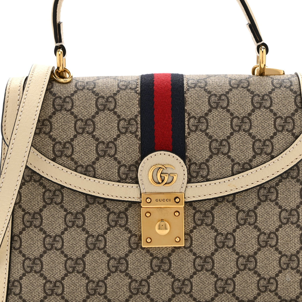 GG Supreme Monogram Textured Dollar Calfskin Web Small Ophidia Padlock Top Handle Bag Beige Ebony Mystic White