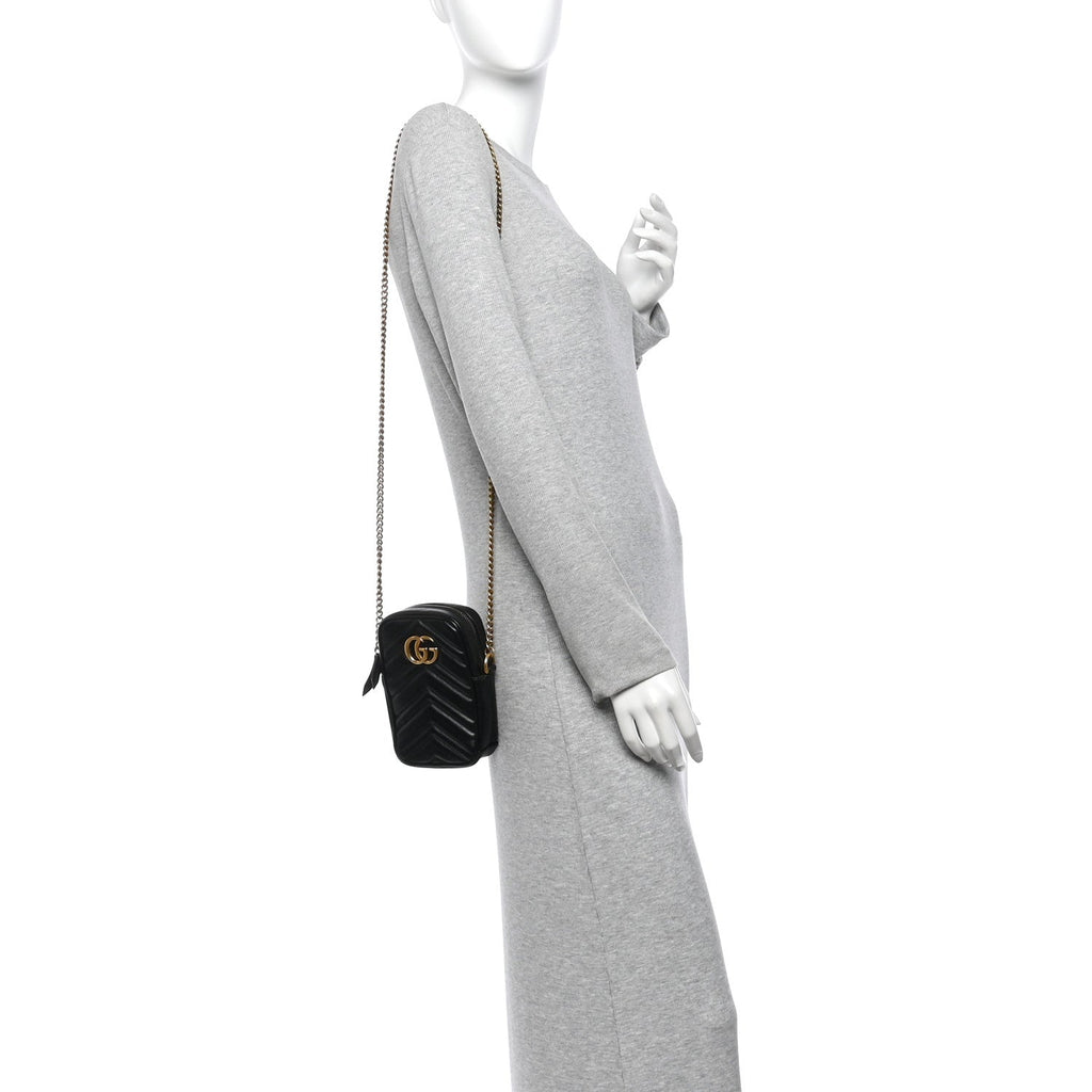 Calfskin Matelasse Mini GG Marmont Crossbody Bag Black