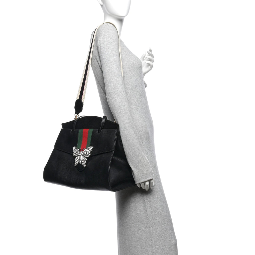 Grained Calfskin Web Crystal Butterfly Stripe Large Totem Top Handle Bag Black