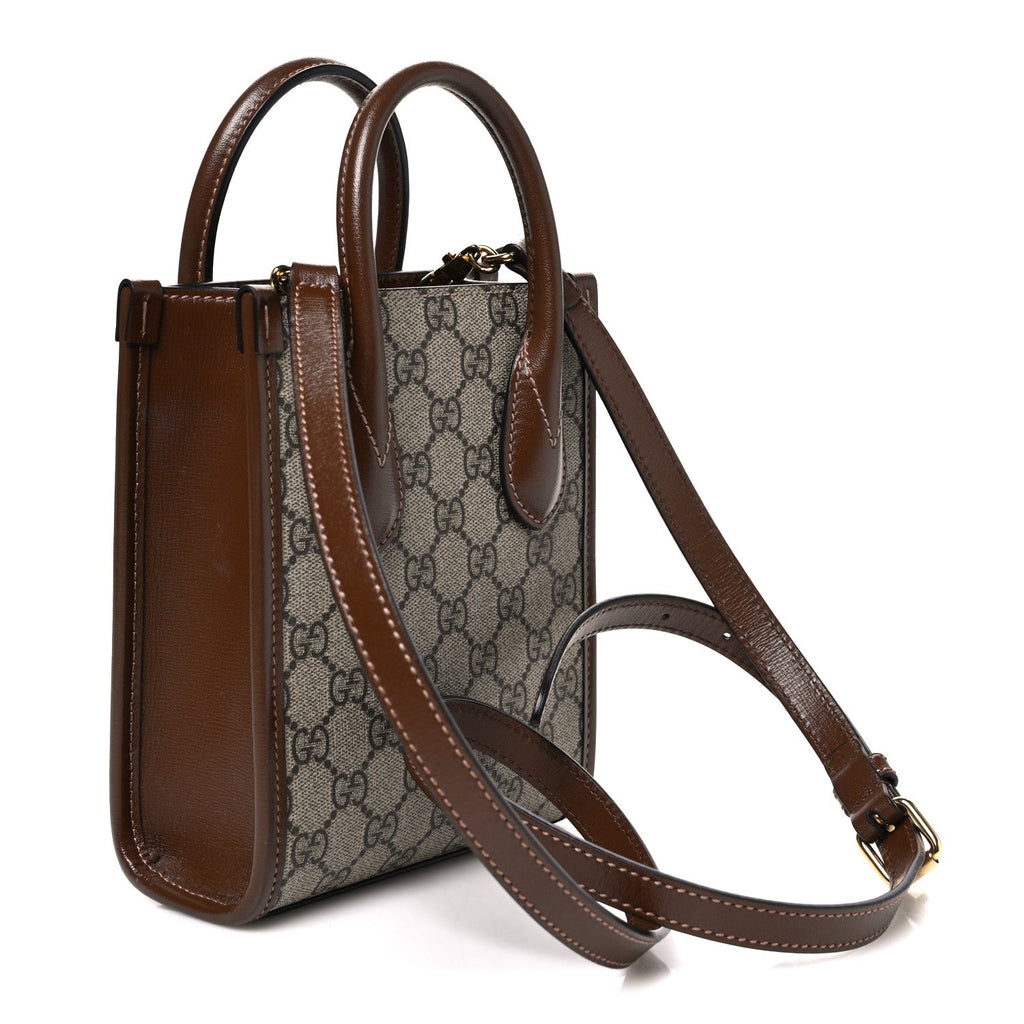 GG Supreme Monogram Azalea Calfskin Mini Retro Interlocking G Tote Bag Beige Ebony Brown Sugar