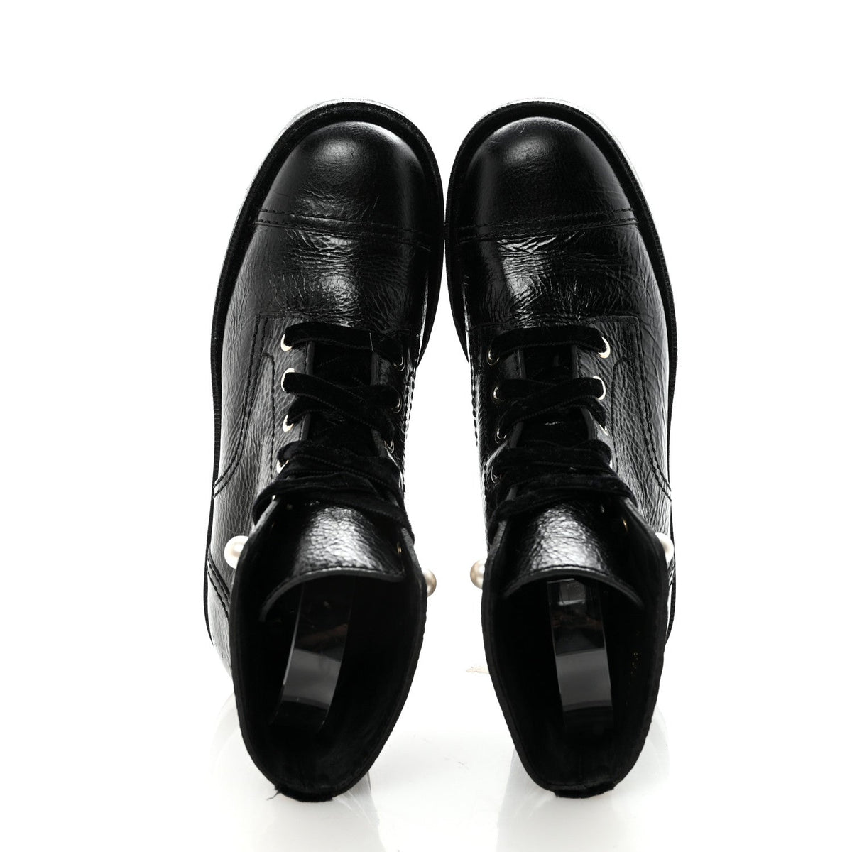 Shiny Calfskin Velvet Pearl Combat Short Boots 38.5 Black