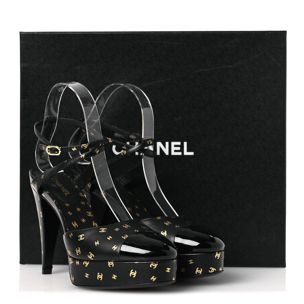Printed Lambskin CC Platform Pumps 37.5 Black Gold