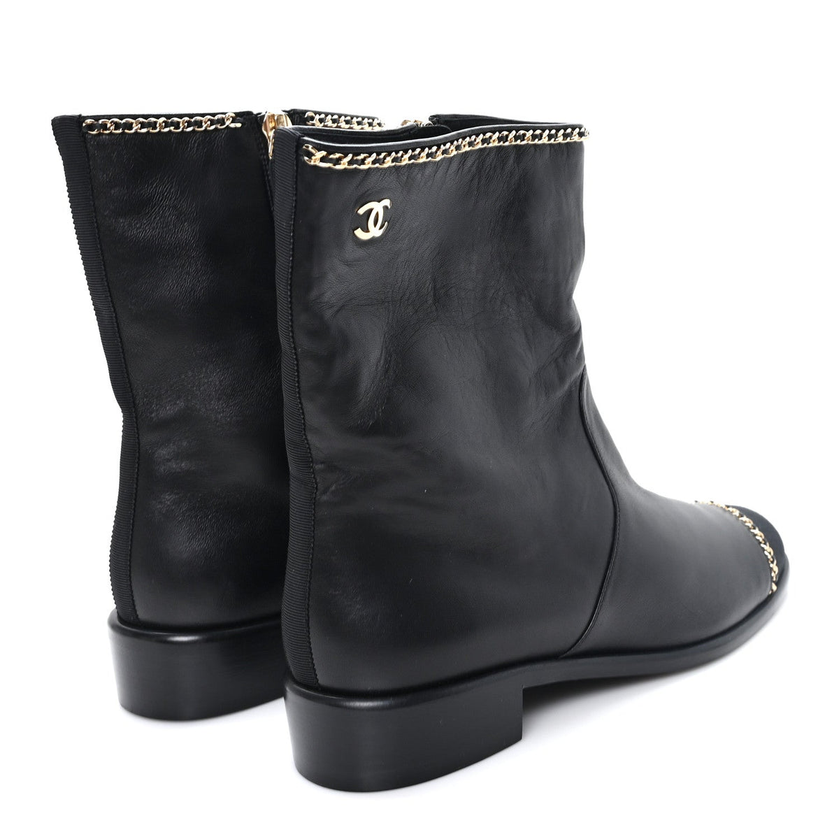 Lambskin Grosgrain Cap Toe Chain Short Boots 38 Black
