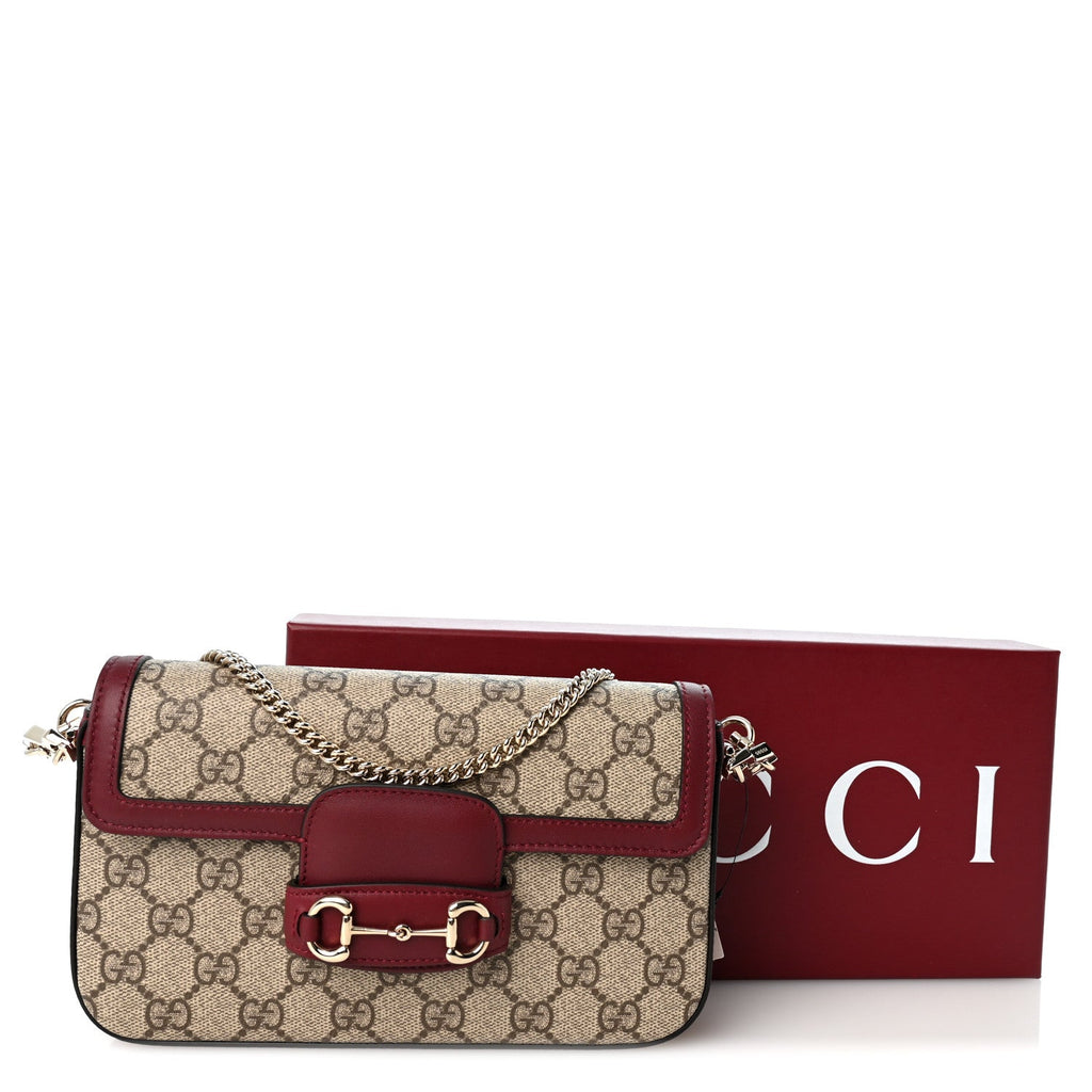 GG Supreme Monogram Azalea Calfskin Horsebit 1955 Mini Bag Beige Ebony Rosso Ancora