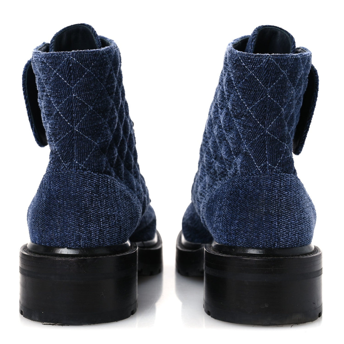 Shiny Calfskin Velvet Quilted Lace Up Combat Boots 39.5 Blue Black