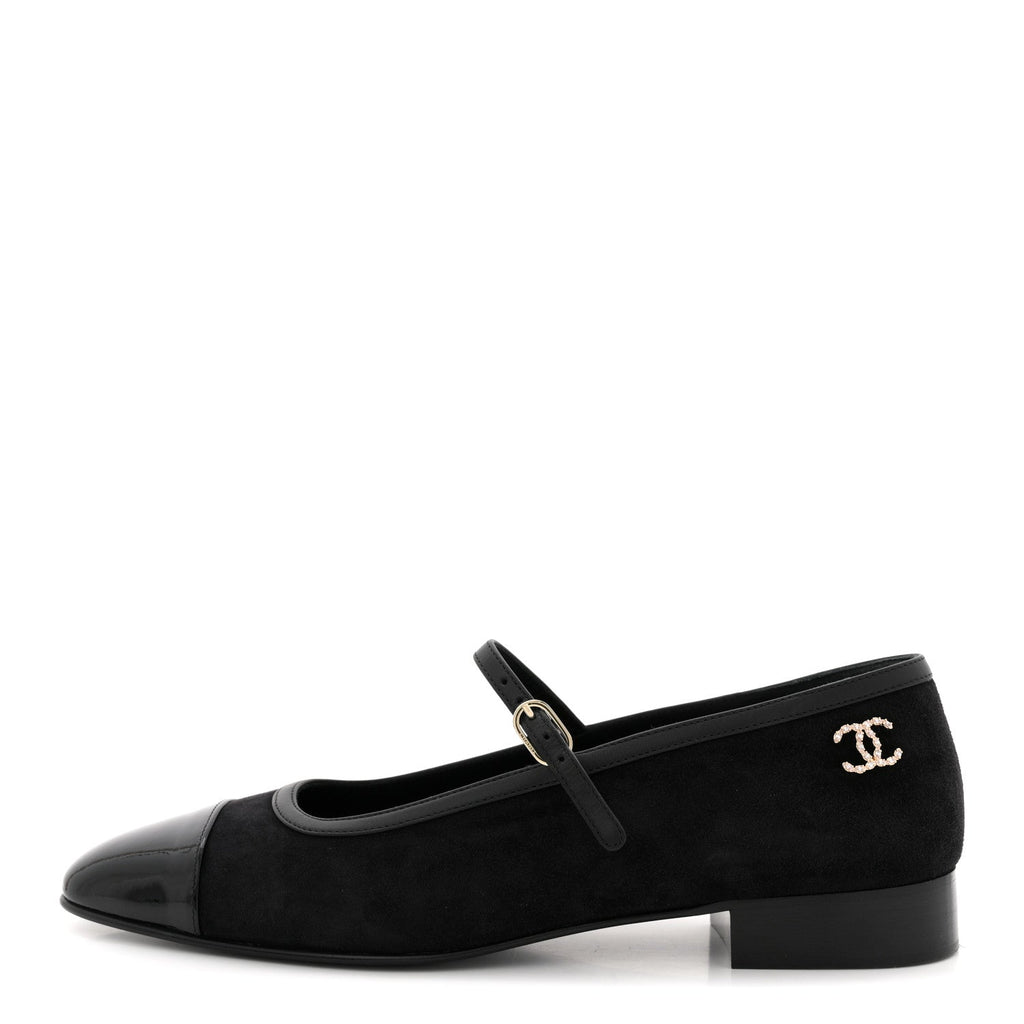 Suede Kidskin Lambskin Patent Calfskin Crystal CC Cap Toe Flats 40 Black