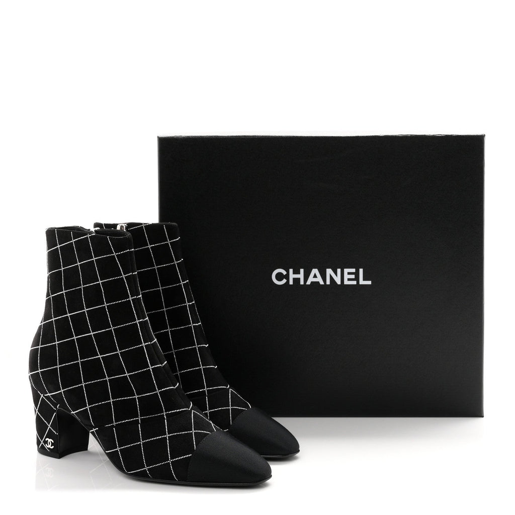 Suede Goatskin Grosgrain CC Short Boots 37.5 Black Silver