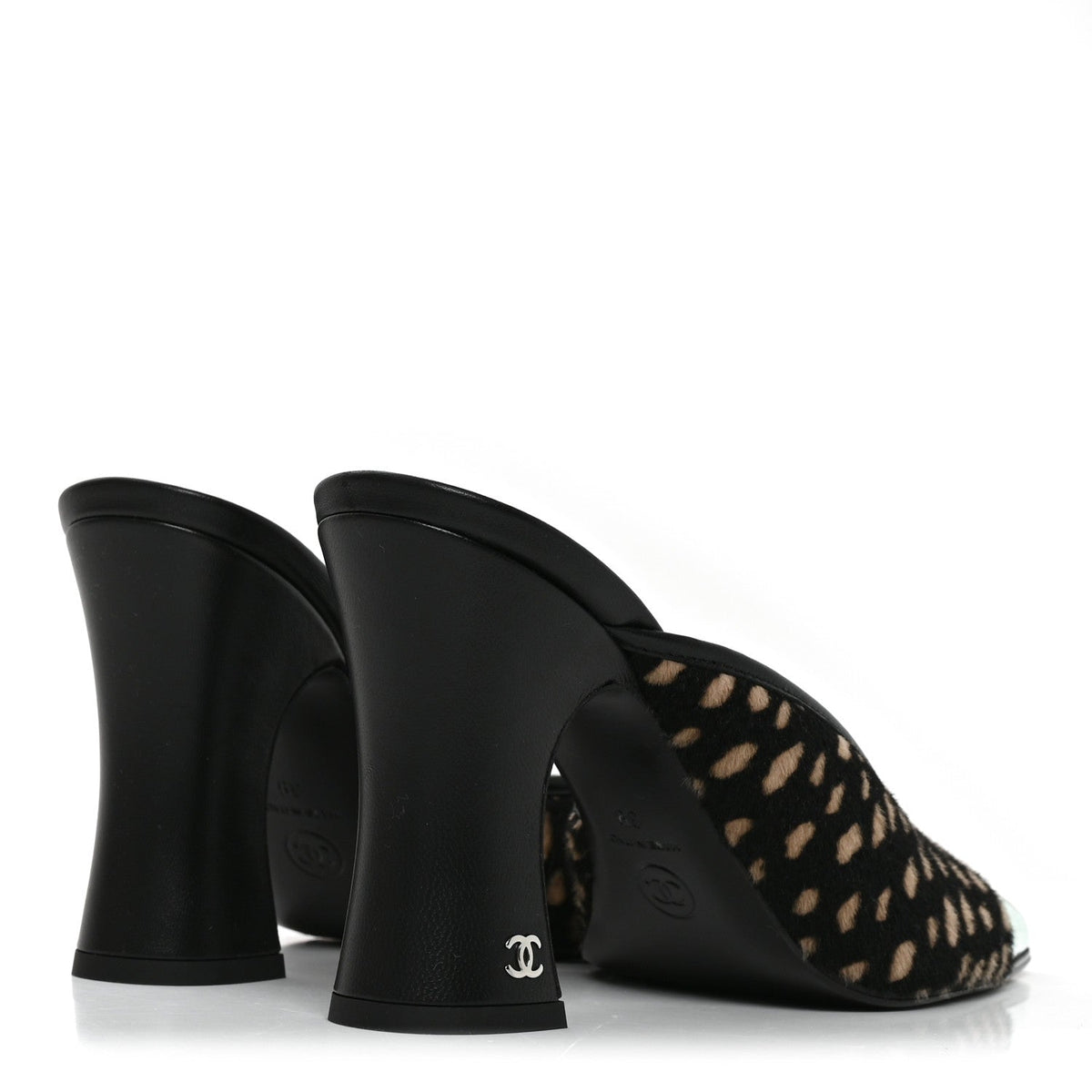 Pony Hair Lambskin Patent Calfskin Cap Toe Mules 39 Black White Green