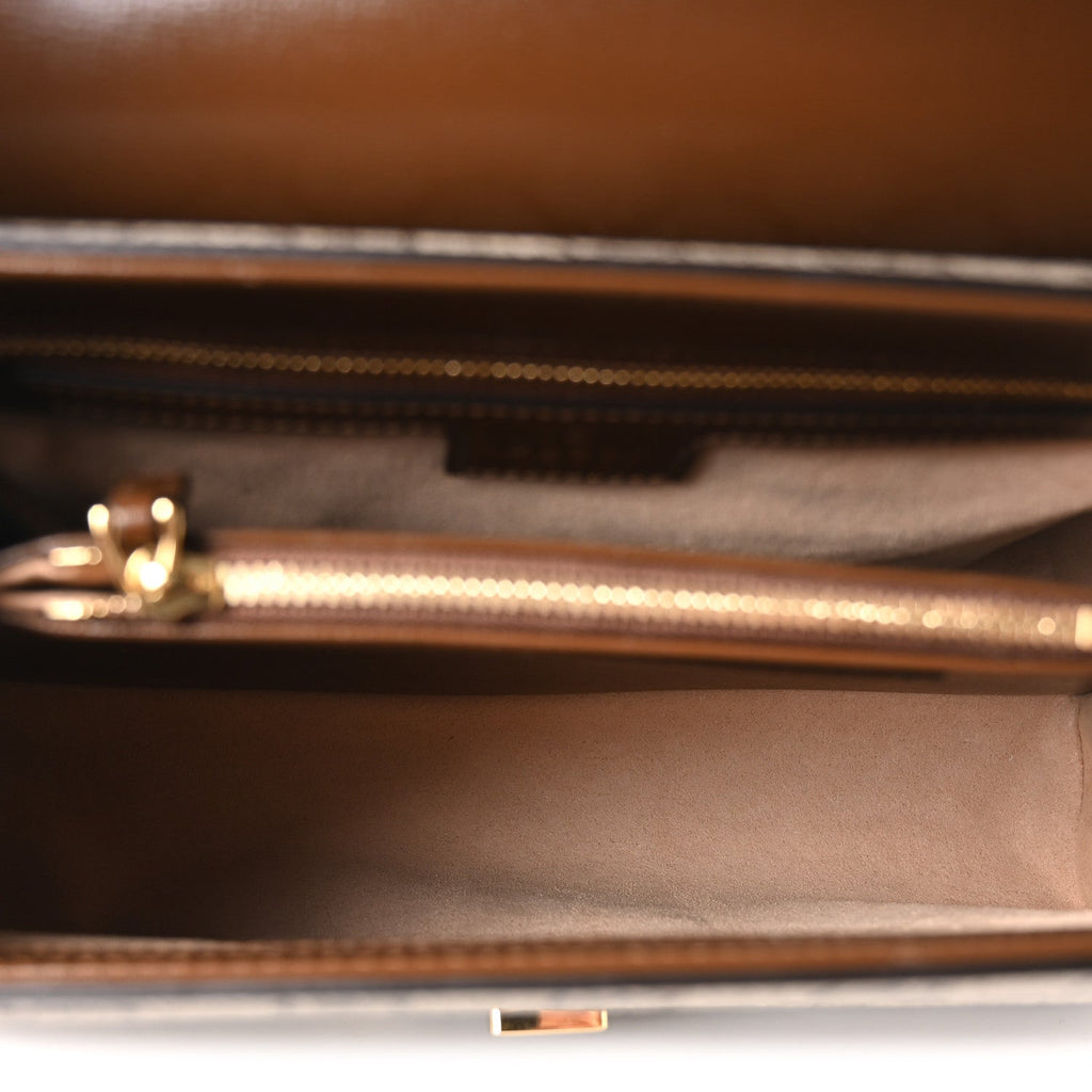 GG Supreme Monogram Calfskin Medium Horsebit 1955 Top Handle Bag Beige Ebony Brown Sugar