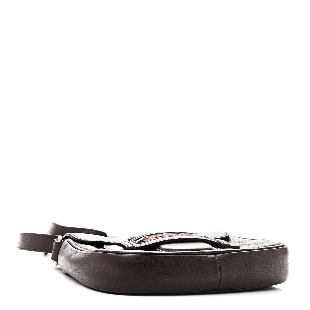 Pebbled Calfskin Web Small Dressage Shoulder Bag Dark Brown