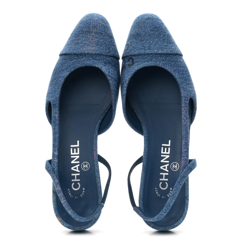 Denim Printed Denim Mood Cap Toe CC Slingback Flats 36.5 Light Blue Multicolor