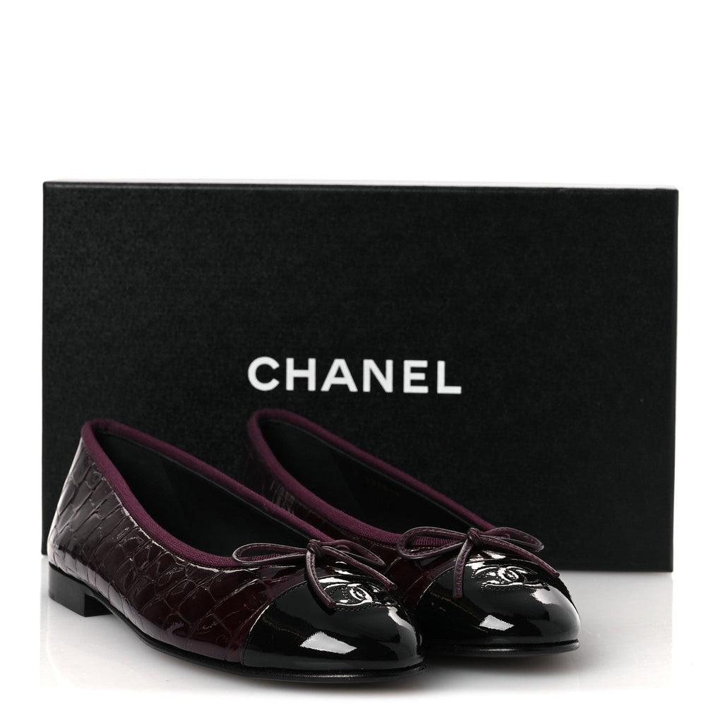Patent Calfskin Crocodile Embossed Ballerina Flats  38 Dark Burgundy Black