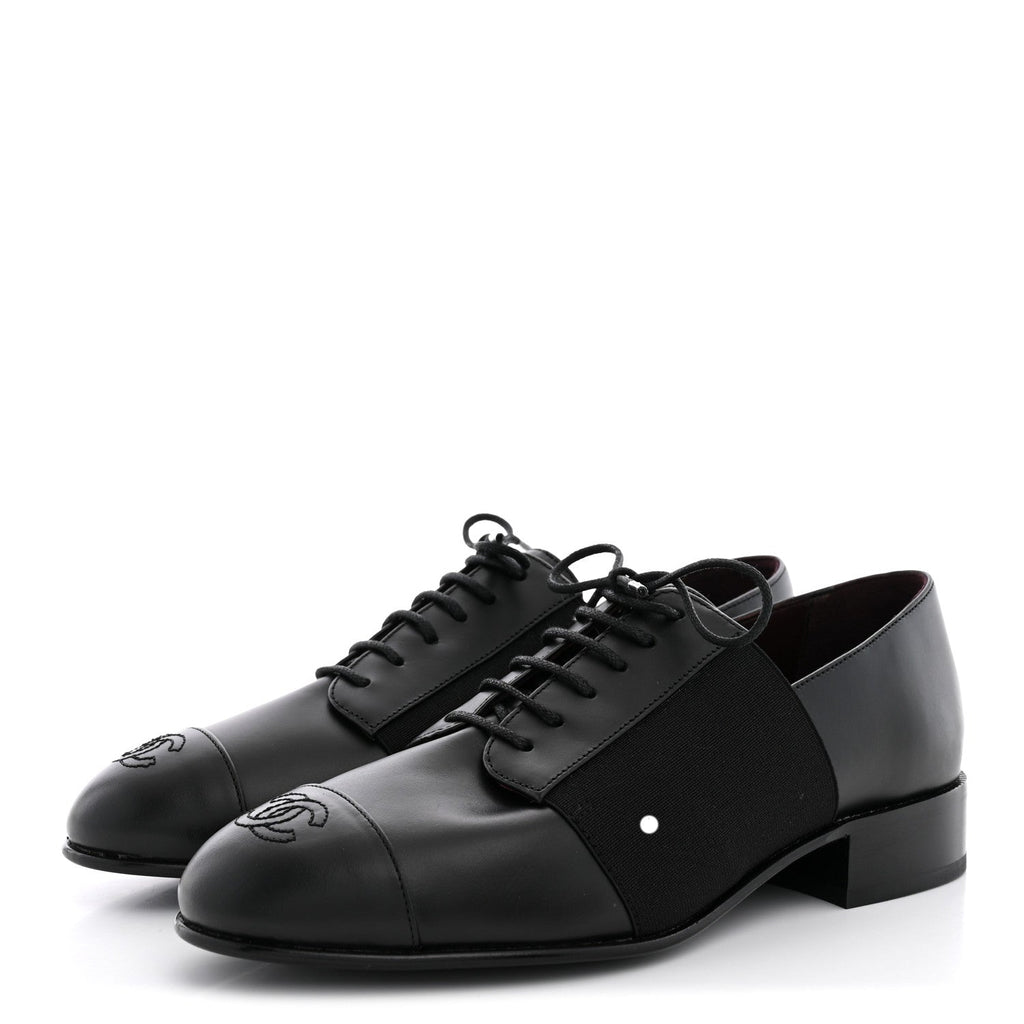 Calfskin Elastic Lace Up Cap Toe CC Loafers 36 Black
