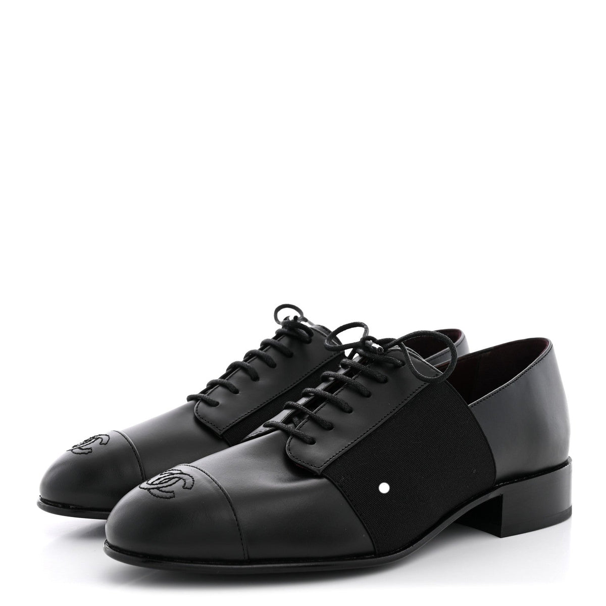 Calfskin Elastic Lace Up Cap Toe CC Loafers 36 Black