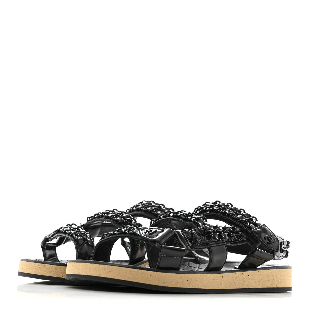 Laminated Goatskin Chain Sandals 35 Black