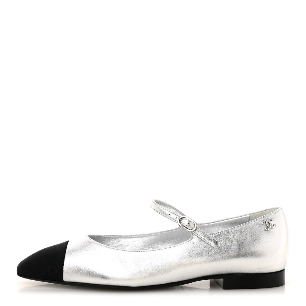 Laminated Calfskin Grosgrain Mary Janes Flats 40 Silver Black